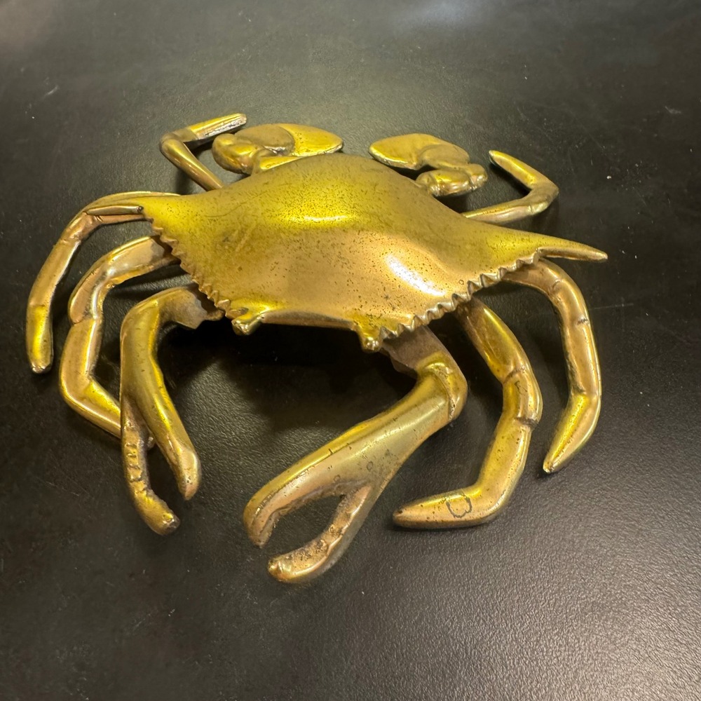Vintage Brass Crab Hinged Trinket Box Ashtray Gold Nautical Coastal Decor 7.5in